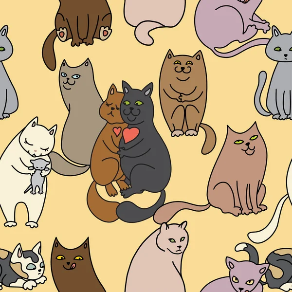 Padrão sem costura com vários gatos. Design engraçado bonito para decorar coisas infantis. Ilustração vetorial brilhante . — Vetor de Stock