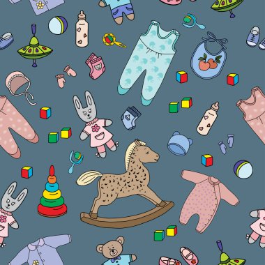 Çocuk oyuncakları çizgi film vektör simgeleri. Çocuk eşyalarının olduğu çocuk desenleri, mavi arka planda nesneler. Tasarımınız, tebrik kartlarınız, reklamlarınız, posterleriniz, tekstilleriniz için sonsuz dokular.