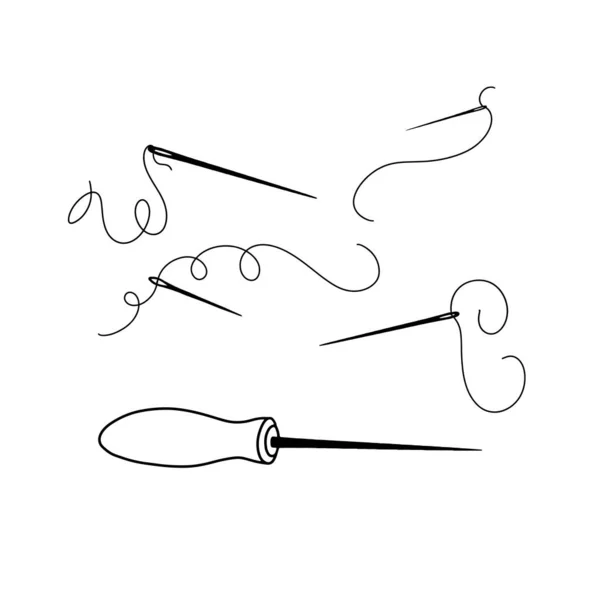 縫製の概念 アウルと針 描かれた孤立したスケッチのベクトル図 落書きスタイル フラットデザイン — ストックベクタ