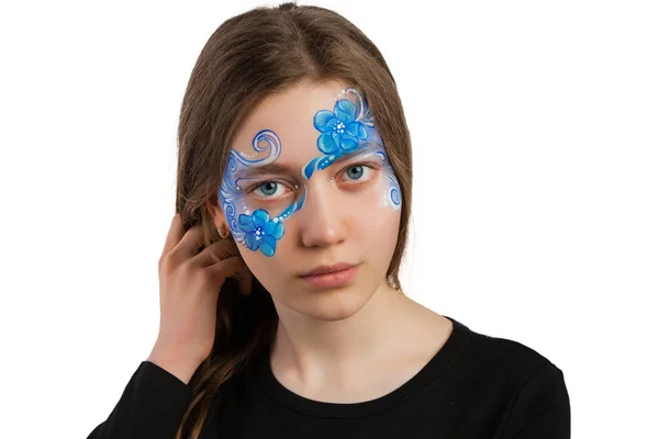 Blue floral ornament face painting — Stock Photo, Image