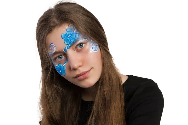 Blue floral ornament face painting — Stock Photo, Image