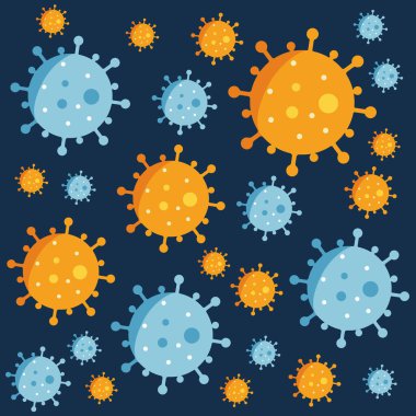 Virüs. Mavi arkaplandaki soyut vektör. Bilgisayar virüsü, alerji bakterisi, sağlık sigortası, mikrobiyoloji konsepti. Hastalık mikrobu, patojen organizması, bulaşıcı mikrovirüs bilimi, sarı ve mavi virüs.