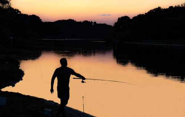 Silhouette Fisherman River — 스톡 사진