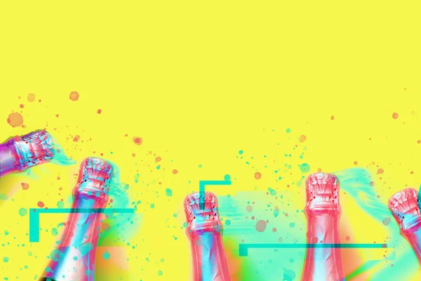 Champagne bottles on a neon yellow background with creative glitch effect and color splatter