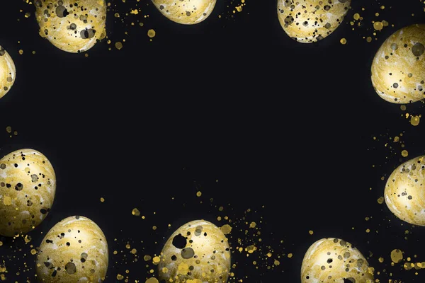 Frame of gold painted Easter eggs on a black background with paint spatter — 图库照片