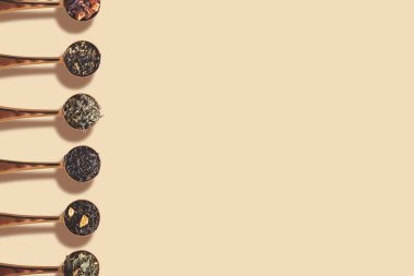 Fotokopi alanı olan bej renkli bir arkaplanda çay çeşitleriyle düz yatar stil kaşıklar