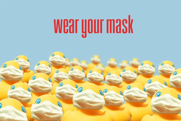 Yüz maskesi takan lastik ördekler — Stok fotoğraf