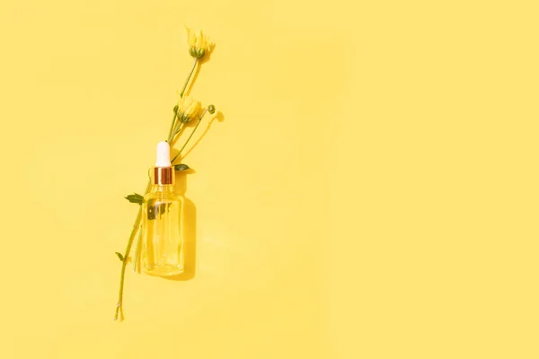 bottle of beauty oil with chrysanthemum flowers