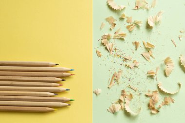 sarı ve nane yeşili arkaplanda kalem ve kalem talaşı