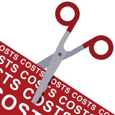 scissors with red ribbon costs on white background