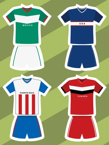 Conjunto Camisetas Abstractas Fútbol Mexico Usa Puerto Rico Canada — Vector de stock