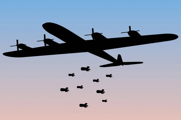 轰炸机投掷炸弹剪影 — 图库矢量图片