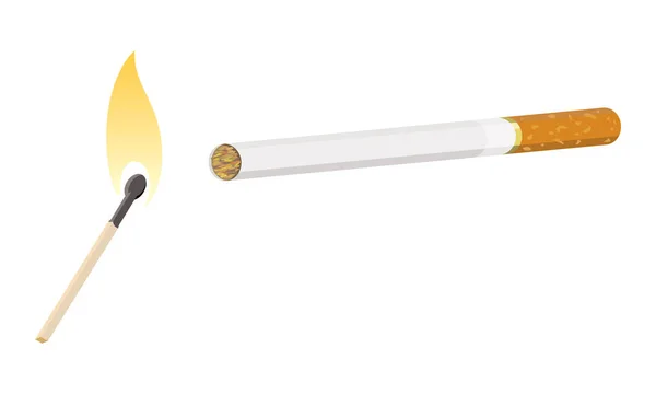 Vector Illustration Burning Match Cigarette — Vetor de Stock