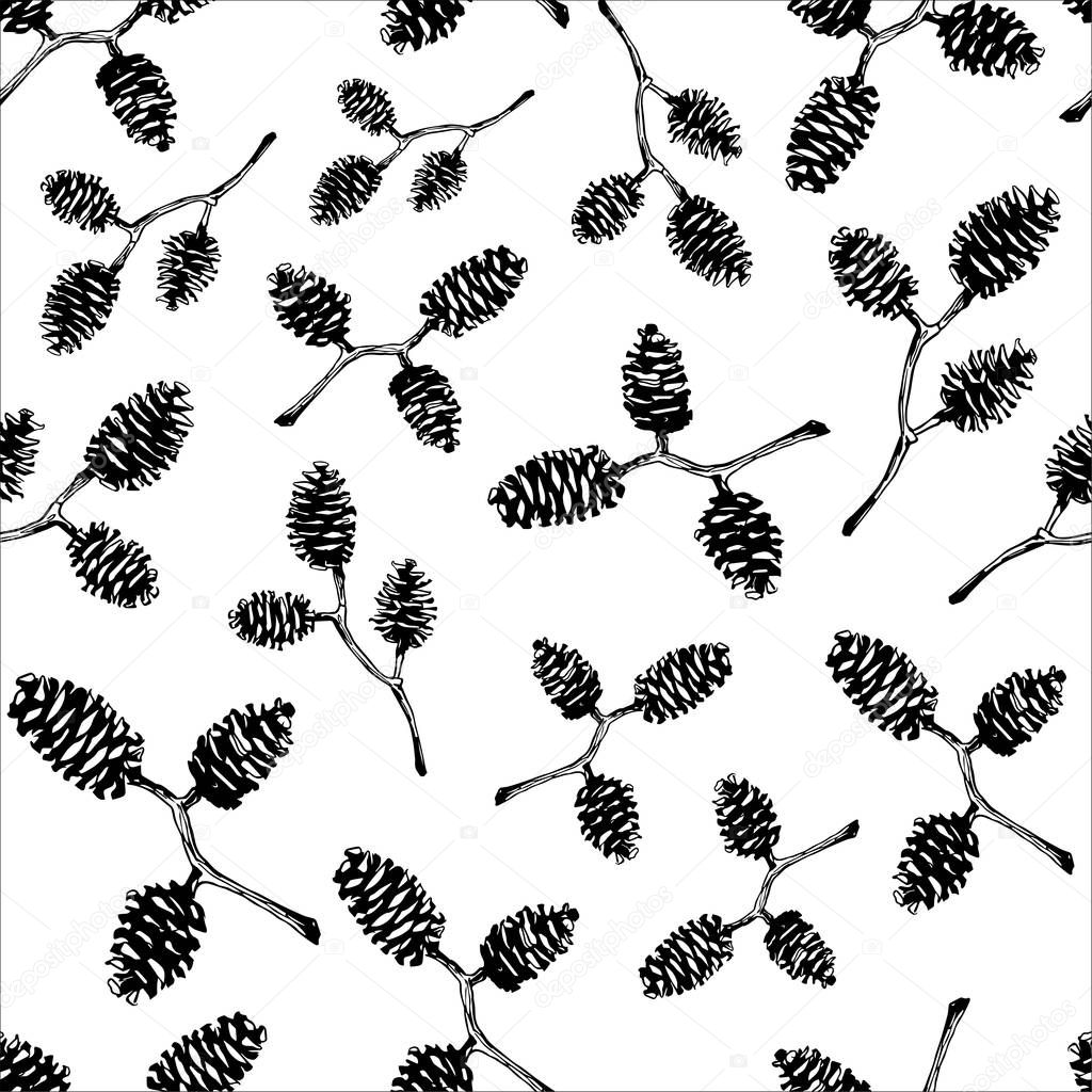 Seamless Pattern With Hand Drawn Alder Cones
