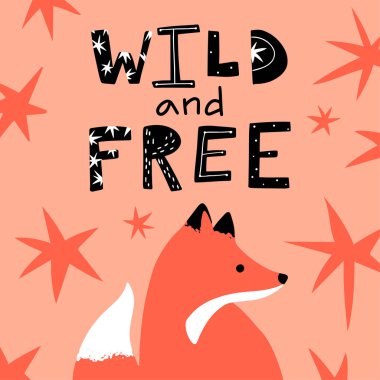 Fox Harf Kartı Vahşi ve Özgür Yazıyor. Bebek partisi, doğum günü, parti davetiyesi, poster için kullanılabilir..