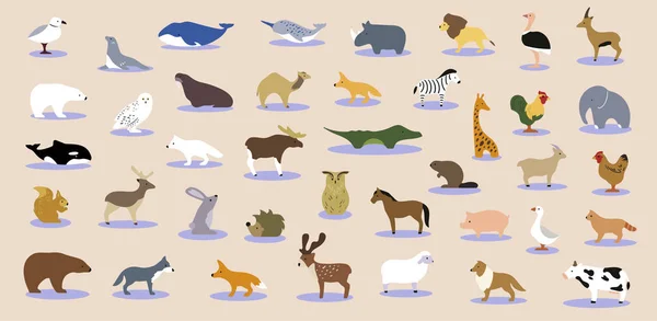 Big collection of wild jungle, savannah and forest animals, birds, marine mammals, fish. Set of cute cartoon isolated characters and icons.