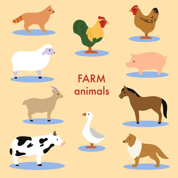 Coleção de animais de fazenda e aves domésticas. Conjunto de desenhos animados bonitos personagens isolados e ícones. Cavalo, ovelha, vaca . —  Vetores de Stock