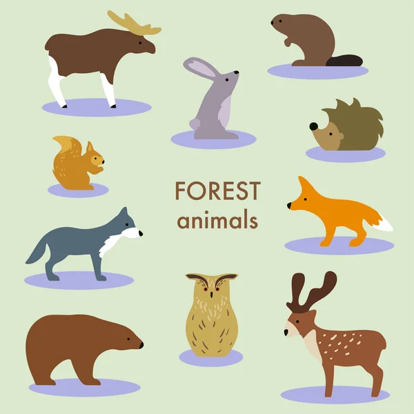 Sbírka lesních zvířat. Sada roztomilých kreslených izolovaných postav a ikon. Vlk, liška, los, medvěd. — Stockový vektor