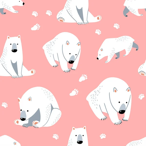 Płynny wzór niedźwiedzia polarnego z różowym tle, Cute Bear Cartoon wektor ilustracji. Może być stosowany do tkanin, plakatów, tapet, kartki urodzinowej. — Wektor stockowy