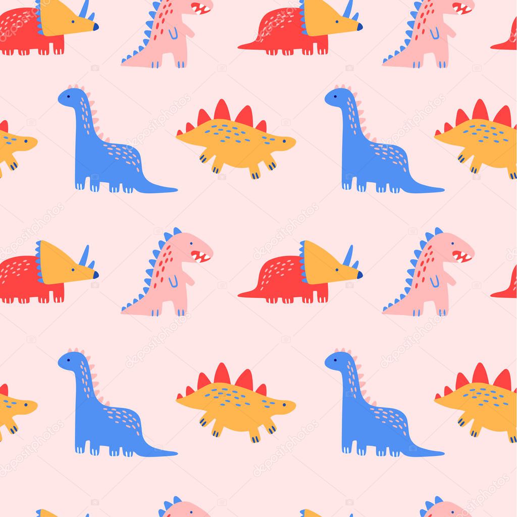 Cute Dinosaur Seamless Pattern with Pink Background, Vector Illustration for prints and posters, invitation and greeting cards.