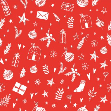Mutlu Noeller ve Mutlu Yeni Yıl El Çizimi Kusursuz Kırmızı Arkaplan desenli. Vektör çizimi. Doodle tarzı. Süsler, kar taneleri, hediyeler. Kış tatili kartı, poster, davetiye.