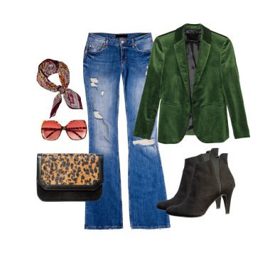 Kadın giyim izole beyaz zemin üzerine kolaj.