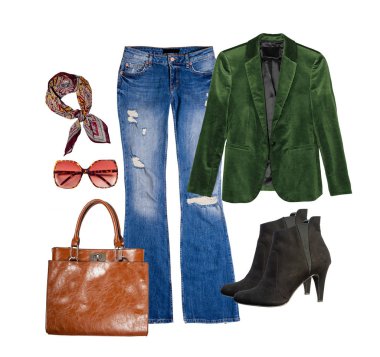 Kadın giyim izole beyaz zemin üzerine kolaj.