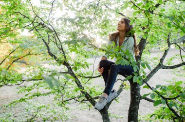 Genç kadın ormanda ağaçta tırmandı
