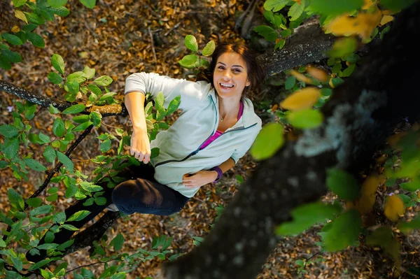 Vrouw in een boom, liggend ontspannen op een tak — Stockfoto