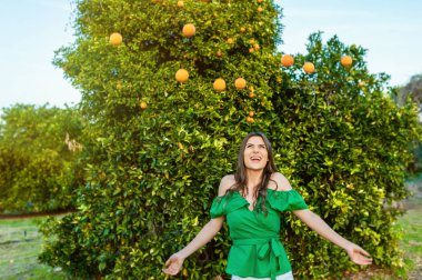 Neşeli genç kadın, açık havada oynarken, portakal Hava atma bir turuncu meyve bahçesi, günbatımında. Kavramı mutluluk ve sağlıklı yaşam konsepti, cilt ve saç bakımı.  
