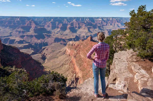 年轻的女旅行家站在悬崖边欣赏亚利桑那州尤萨州的大峡谷国家公园 图库照片