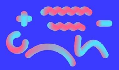 Gradyan 3 boyutlu şekiller. Işıldayan renklerin holografik tasarım paletinin izole sıvı elementlerini ayarla. Modern soyut desen, parlak renkli boya sıçrama sıvısı.