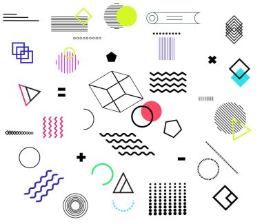 Geometrik tasarım ögeleri seti. Memphis tasarım Vektörü soyut geometrik çizgi grafik şekilleri, modern hipster çember üçgen şablonu renkli resimleme 