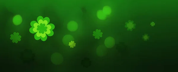 Patricks Day Grön Horisontell Bakgrund Med Klöver Och Bokeh Lampor — Stockfoto