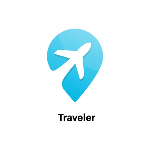 ピンの位置を持つ航空機、青い色の旅行ロゴ — ストック写真