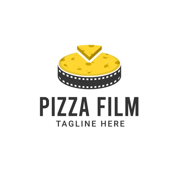 Pizza film maker logo design. Film strip with pizza vector illustration for movie studio production graphic template. — ストック写真