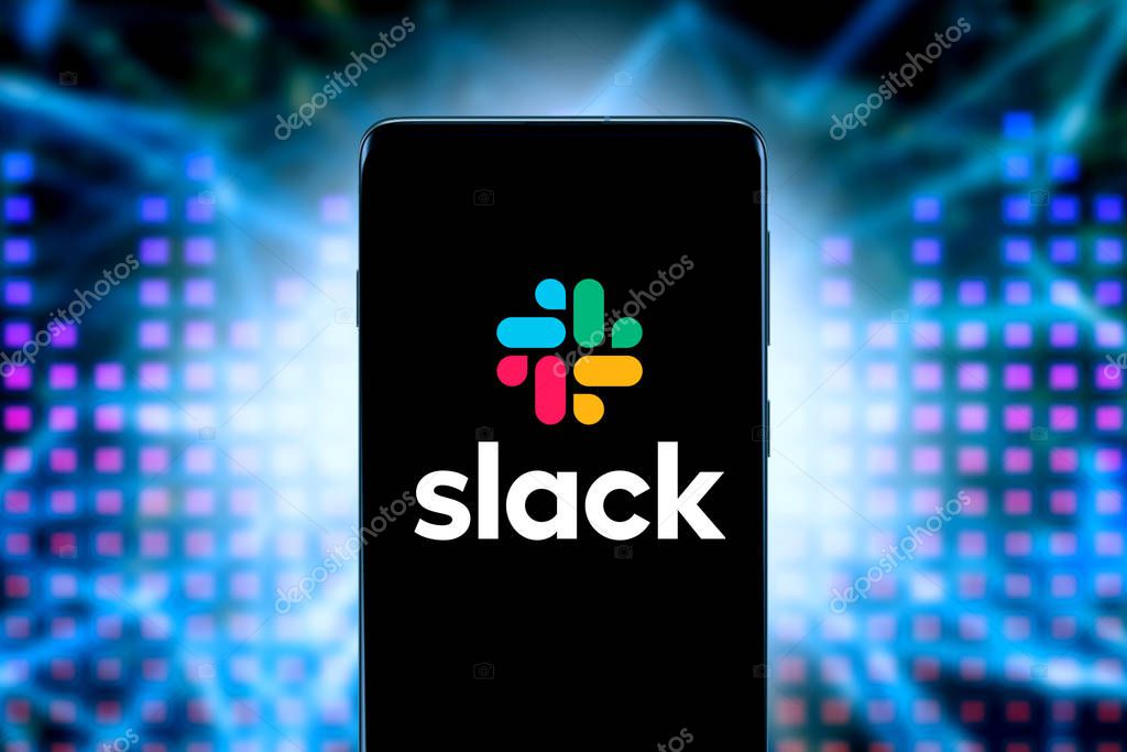 Smart phone with the Slack logo is a team and communication tool. United States, California January 21, 2020