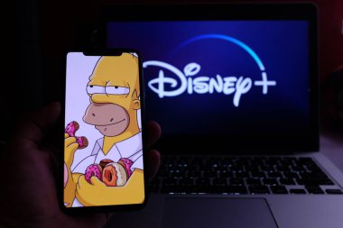 Amerika Birleşik Devletleri, New York. 29 Eylül 2019 Pazar günü Simpsonlar 'ın yeni Disney Plus serisinin arka planında yer alan 11. Disney + çevrimiçi bir video yayını olacak