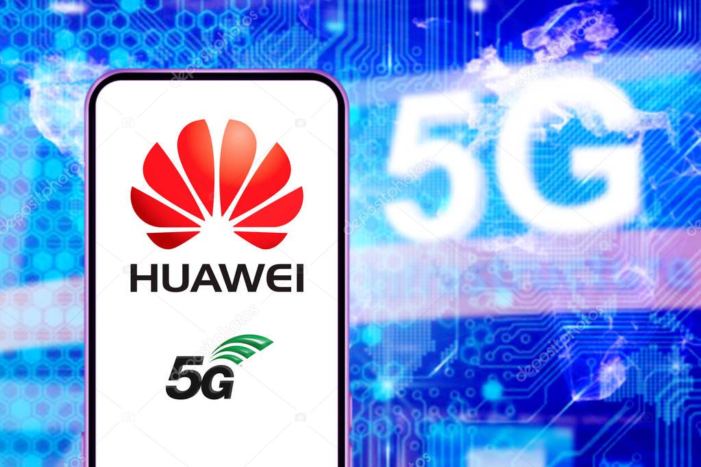 Smart phone with the logo of Huawei and 5G. The 5g are new communication technologies that Huawei incorporates. United States, California, Friday, January 17, 2020,