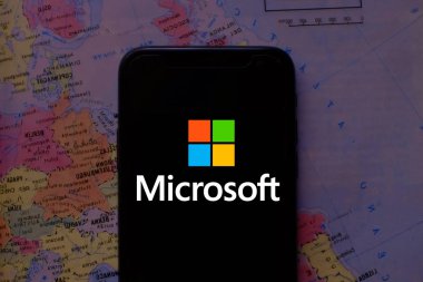 Smart phone with the Microsoft Corporation logo is a multinational technology company. United States January 24, 2020 clipart