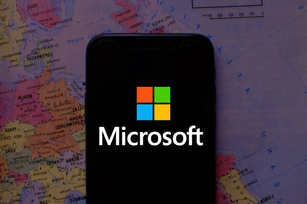 Smart phone with the Microsoft Corporation logo is a multinational technology company. United States January 24, 2020