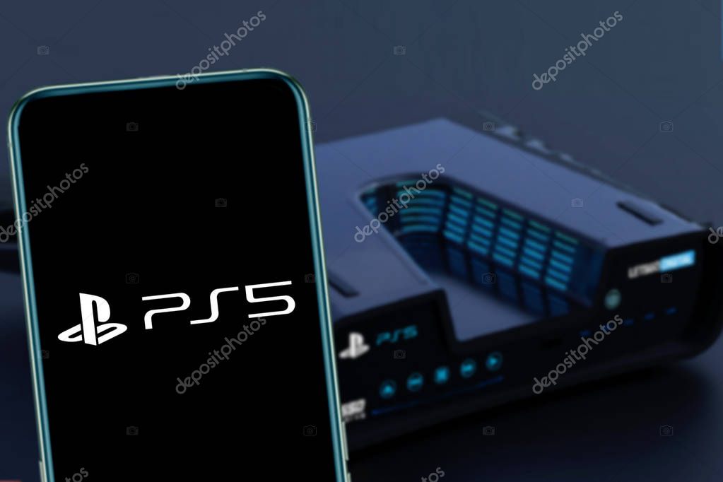 Smart phone with the PlayStation 5 logo that is a desktop game console coming out. United States, California, Friday, January 17, 2020,