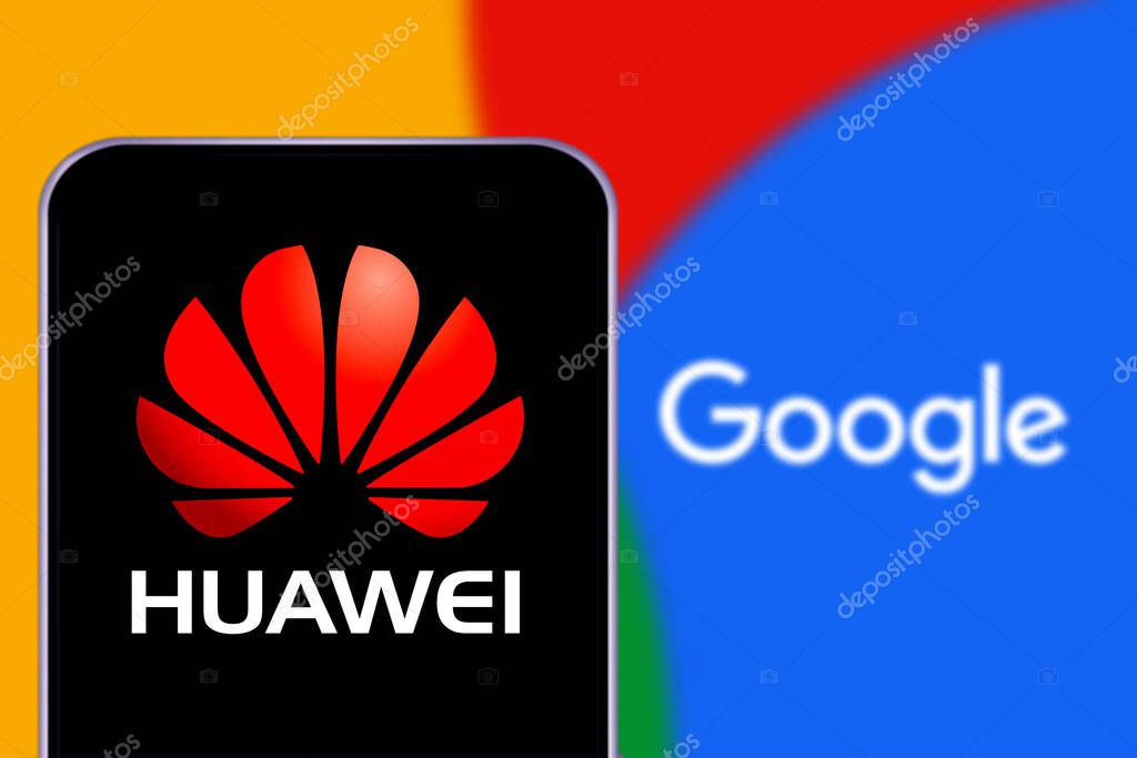 Smart phone with the logo of HUAWEI AND GOOGLE. Technology companies worldwide. United States, California January 30, 2020.