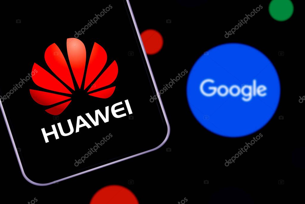 Smart phone with the logo of HUAWEI AND GOOGLE. Technology companies worldwide. United States, California January 30, 2020.