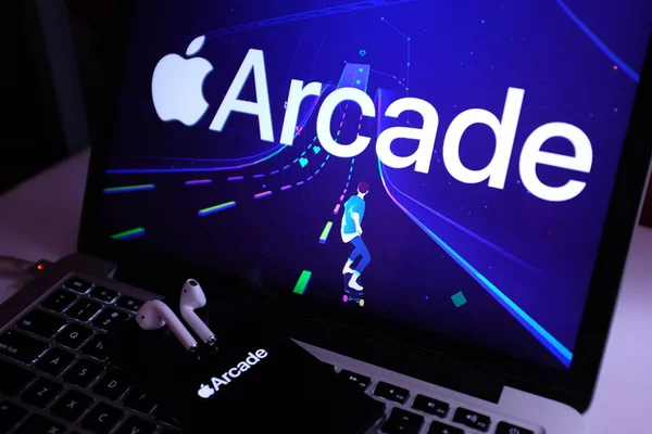 Airpods Macbook Pro Iphone Pro Apple Arcade Logo Apple Arcade — 스톡 사진