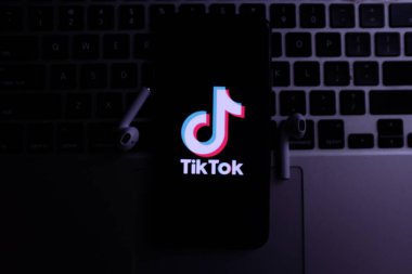 İnternette popüler bir sosyal ağ olan TIK TOK logosuna sahip akıllı telefon. ABD, Kanada, 27 Kasım 2020