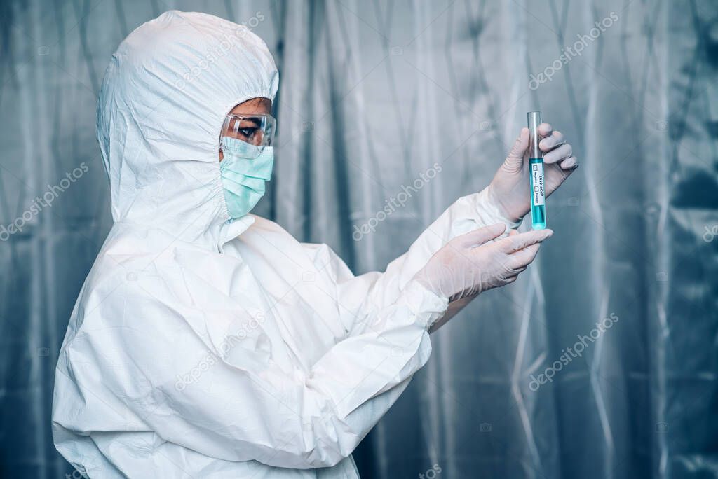 Professional authority wearing PPE protective cloth for sampling contaminated with 2019-nCoV Coronavirus or COVID-19 Outbreaking , Epidemic Virus Respiratory Syndrome