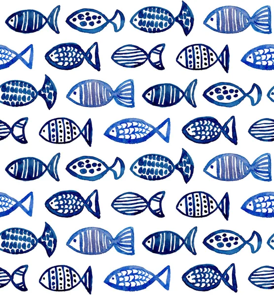 Watercolor blue fish pattern. Sea animal background. Aquarium illustration