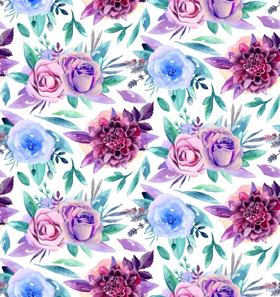 Watercolor flowers pattern. Purple and blue. Boho floral bouquet