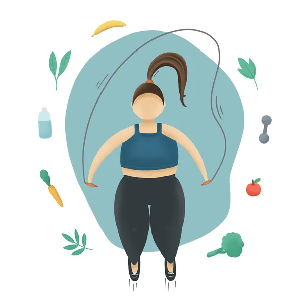 Motivation blue illustration. Fatty woman with jump rope and vegetables. Overweight sport.